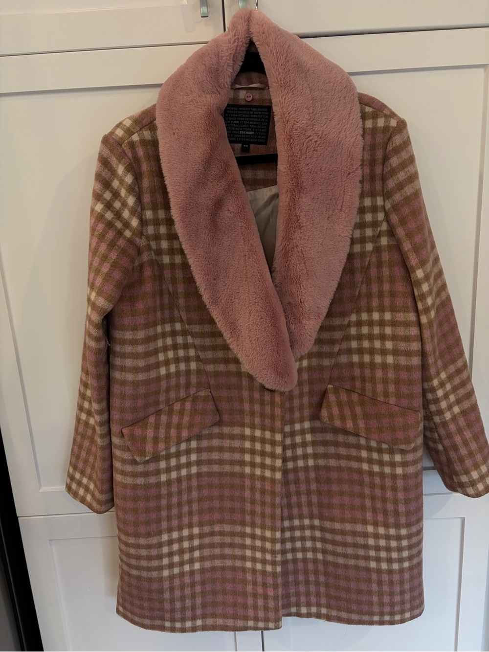 Steve Madden Pink Plaid Coat with Plush Shawl Collar